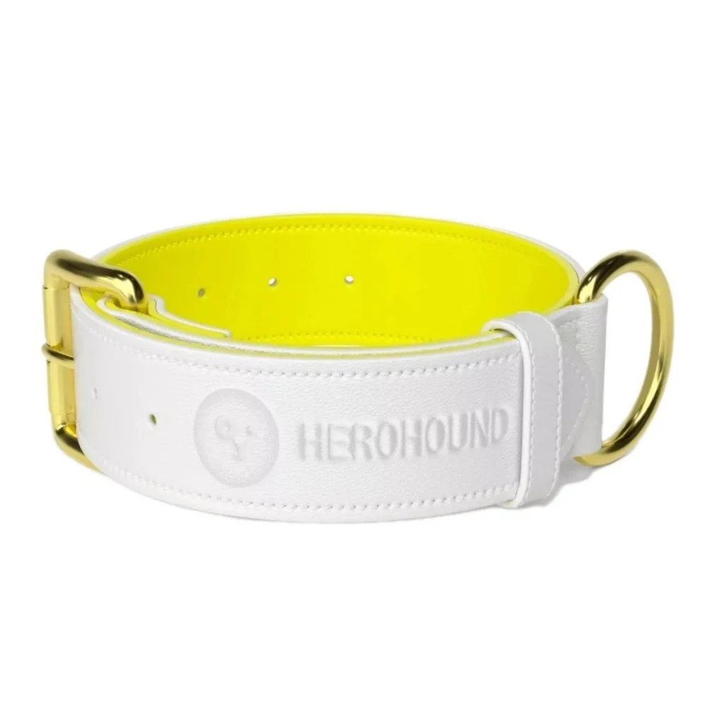 Herohound Leather Dog Collar medium White Yellow NWT